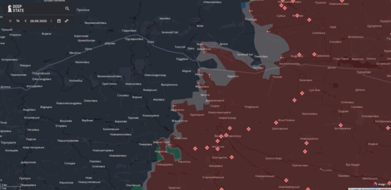 Мапа DeepState показує просування біля трьох сіл Донеччини. Втрати ворога на 26 червня