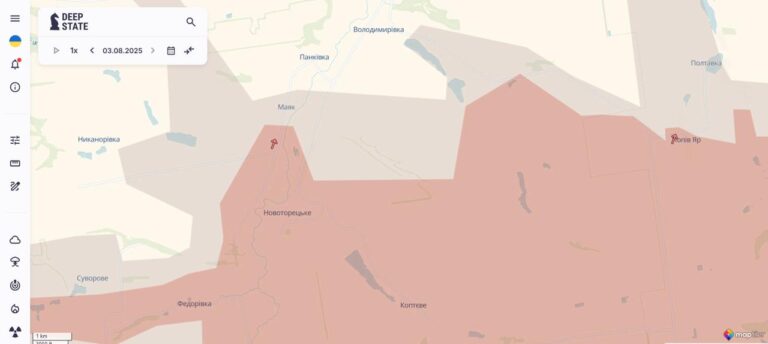 Мапа DeepState показує просування РФ на Донеччині у Сухецькому, біля Новоторецького та Зеленого Поля. Втрати ворога на 4 серпня