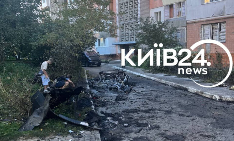 У Вишгороді на Київщині уламки збитого дрона впали між багатоповерхівками та спричинили пожежу