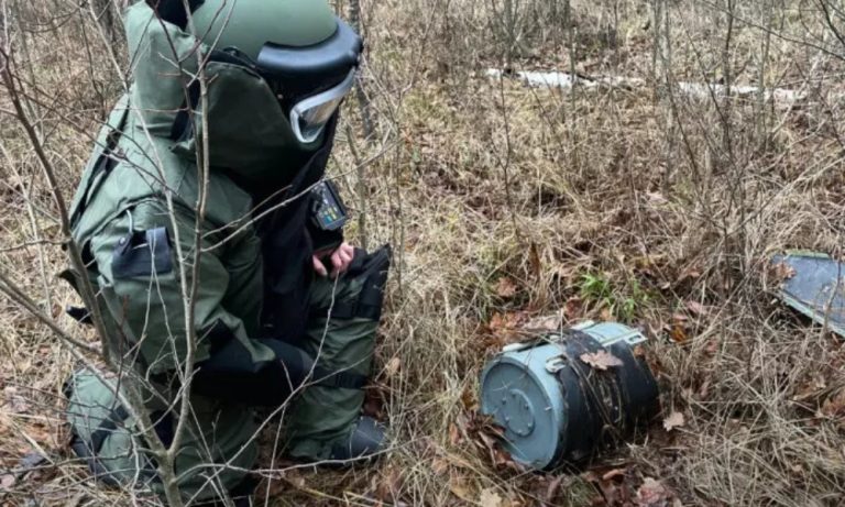 У лісі на Київщині сапери ДСНС знешкодили бойову частину російського дрона «Герань-2»